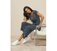 Culotte-Overall TAMARIS, Damen, Gr. 42, N-Gr, navy gemustert, Single Jersey, Obermaterial: 95% Viskose, 5% Elasthan, geblümt, figurumspielend ca. Mitte Wade, V-Ausschnitt, Overalls, mit Bindegürtel (8