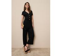 Culotte-Overall TAMARIS, Damen, Gr. 40, N-Gr, schwarz, Jersey, Obermaterial: 95% Viskose, 5% Elasthan, unifarben, figurumspielend ca. Mitte Wade, V-Ausschnitt, Overalls, mit Knopfleiste und Bindeband