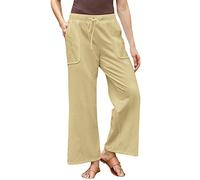 Culottes Hosen Damen Sommerhosen Damen Leicht Und Luftig Hose Mit Gummizug Damen Einfarbiges Tunnelzug Sommerhose Mit Taschen Locker Chino Hose Leicht Stoffhose Freizeithose Damen (Khaki Xl)