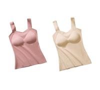CuLtP 2 Stück Gebürstetes Mikrofleece Camisole, Ärmellose Weste, Unterhemd, Cami Top, Damen Thermo Tanktop, Thermo Unterwäsche Mit Integriertem BH, Warmes Winter Top Für Damen, Aprikose Und Ros