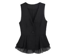 CuLtP Ärmelloser Blazer Für Damen, Weste Aus Chiffon Mit V Ausschnitt, Einfarbig, Lässig, Ärmellos, Strickjacke, Kurze Weste, Y2K Anzugweste, Sommermantel, Schwarz, L