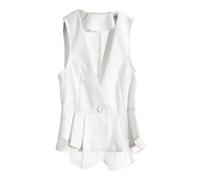 CuLtP Ärmelloser Blazer Für Damen, Weste Aus Chiffon Mit V Ausschnitt, Einfarbig, Lässig, Ärmellos, Strickjacke, Kurze Weste, Y2K Anzugweste, Sommermantel, Weiß, M