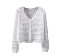 CuLtP Bolero Damen Festlich Damen Häkel Boleros Mit Hohlsaum V Ausschnitt Strickjacke Mit Knopfleiste Oberteile Sommer Kurz Eisseide Langärmelige Strickjacke Leichte Abendjacke Überwurf Mantel Wei