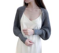 CuLtP Bolero Damen festlich Langarm Bolero Cardigan Für Damen Häkel Mesh Achselzuckenoberteile Sommer Eisseidenschal Umhang Einfarbig Damen Abendjacken Kleider Achselzucken Cover Ups Mantel Grau L