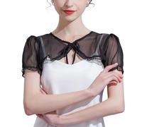 CuLtP Bolero Für Abendkleider Damen Chiffon Bolzer Mit Rüschen Zum Selbstbinden Kurzer Bolero Transparente Strickjacke Sommer Puffärmel Mini Bolzer Abendkleider Hochzeitsjacke Schal Überwurf Schw