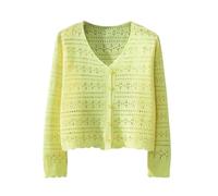 CuLtP Bolero Jacke Damen Häkel Boleros Mit Hohlsaum V Ausschnitt Strickjacke Mit Knopfleiste Oberteile Sommer Kurz Eisseide Langärmelige Strickjacke Leichte Abendjacke Überwurf Mantel Gelb M