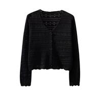 CuLtP Bolero Jacke Damen Häkel Boleros Mit Hohlsaum V Ausschnitt Strickjacke Mit Knopfleiste Oberteile Sommer Kurz Eisseide Langärmelige Strickjacke Leichte Abendjacke Überwurf Mantel Schwarz Xs