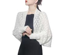 CuLtP Cardigan Damen elegant Bolero Cardigan Für Damen Lange Ärmel Achselzucken Sommerjacke Aus Gehäkeltem Netzstoff Schal Aus Eisseide Cover Ups Damen Abendkleid Hochzeit Cape Mantel Weiß Xs