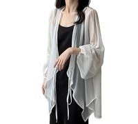 CuLtP Cardigan Damen elegant Chiffon Cardigans Für Damen Leichte Boleros Achselzucken Wasserfall Jacke Vorne Mit Schnürung Elegant Kurze Sommer Cardigans Für Kleider Abendjacken Weiß XL