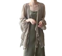 CuLtP Cardigan Damen elegant Chiffon Cardigans Für Damen Leichte Boleros Schulterzucken Wasserfall Jacke Vorne Mit Schnürung Elegant Kurze Sommer Cardigans Für Kleider Abendjacken Khaki L