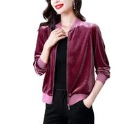 CuLtP Damen Bomberjacke Aus Samt, Leichte, Lässige, Glänzende Jacke, Baseballjacke Mit Reißverschluss, Outdoor Windbreaker Mantel Mit Taschen, Festival Jacke Für Damen, Rot, L