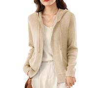 CuLtP Damen Cardigan Mit Kapuze, Leicht, Langärmlig, Mit Reißverschluss, Vorne Offen, Lässige Strickjacke Mit Taschen, Strickpullover, Strickjacke, Überzugsjacke, Beige, S