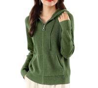 CuLtP Damen Cardigan Mit Kapuze, Leichter Damen Cardigan Mit Langen Ärmeln, Reißverschluss, Offener Vorderseite, Lässiger Cardigan Mit Taschen, Strickpullover, Cardigan Abdeckungsjacke, Grün, Xs