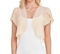 CuLtP Damen Chiffon Achselzucken Kurz Geschnittener Schal Offene Vorderseite Bolero Jacken Sommer Kurzarm Strickjacke Einfarbig Überwurf Achselzucken Für Abendkleid Cape Mantel Beige XL