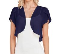CuLtP Damen Chiffon Achselzucken Kurz Geschnittener Schal Vorne Offen Bolero Jacken Sommer Kurzarm Strickjacke Einfarbig Überwurf Achselzucken Für Abendkleid Cape Mantel Marineblau Xs