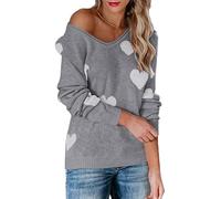 CuLtP Damen-Herzpullover, Lässige Langarmpullover, Y2K-Süßer Grafischer Strickpullover Mit Rundhalsausschnitt, Leichte Kalte Schulterpullover, Weihnachtsstrickwaren Für Damen, Grau, XL
