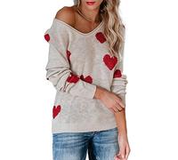 CuLtP Damen-Herzpullover, Lässige Langarmpullover, Y2K-Süßer Grafischer Strickpullover Mit Rundhalsausschnitt, Leichte Kalte Schulterpullover, Weihnachtsstrickwaren Für Damen, Weiß, XL