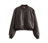 CuLtP Damen Kunstlederjacke, Kurze Bomberjacke, Pu Biker Motorradjacke, Lange Ärmel, Lässige Fliegerjacke Mit Reißverschluss, Stehkragen, Frühlingsmäntel Für Damen, Braun, M