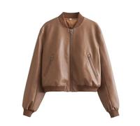 CuLtP Damen Kunstlederjacke, Kurze Bomberjacke, Pu Biker Motorradjacke, Lange Ärmel, Reißverschluss, Lässige Fliegerjacke, Stehkragen, Frühlingsmäntel Für Damen, Karamellfarbe, M