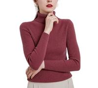 CuLtP Damen Slim Fit Leicht Langarm Rollkragenpullover, Gerippter Strickpullover, Pullover, Pullover, Damen Langarm Strickoberteil, Warmer Pullover, Rote Bohnenpaste, Xs