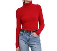 CuLtP Damen Slim Fit Leicht Langarm Rollkragenpullover, Gerippter Strickpullover, Pullover, Tops, Pullover, Damen Langarm Strickpullover, Warm, Rot, M