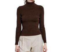 CuLtP Damen Slim Fit Leicht Langarm Rollkragenpullover, Gerippter Strickpullover, Pullover, Tops, Pullover, Damen Langarm Strickpullover, Warm, Braun, S