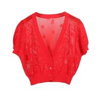 CuLtP Damen-Strick-Kurzarm-Cardigan, Damen-Shrug-Bolero-Oberteil Mit Offener Vorderseite, Cape-Wickel-Bolero-Shrug, Mini-Bluse Mit Punkten, Lässiges Sommer-Cardigan-Top, Rot, S