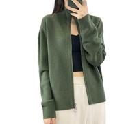 CuLtP Damen Strickjacke Mit Reißverschluss Und Stehkragen, Langärmelige Strickjacke Mit Offener Vorderseite, Strick Oberbekleidung, Elastische, Leichte Bolero Strickwaren Für Den Alltag, Grün, L