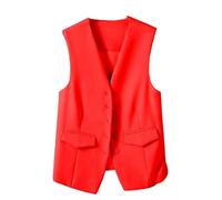 CuLtP Damen Weste, Ärmelloser Blazer, Elegante, Schmale Button Down Weste Für Arbeit Und Büro, Retro Party Weste, V Ausschnitt, Economy Anzugweste, Rot, Xl