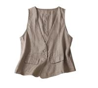 CuLtP Damen-Weste Aus Leichtem Leinen, V-Ausschnitt, Knopfleiste, Blazer, Weste, Lässige, Lockere Passform, Leichte, Ärmellose Anzugjacke, Strickjacke Mit Offener Vorderseite, Khaki, Xl