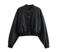 CuLtP Kurz Geschnittene Bomberjacke Für Damen, Damen Uni Jacke, Button Down Bombermantel Mit Taschen, Lässiger Windjacke Mit Stehkragen, Klassische Oberbekleidung, Y2K Streetwear, Schwarz, S