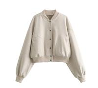 CuLtP Kurz Geschnittene Bomberjacke Für Damen, Damen Uni Jacke, Button Down Bombermantel Mit Taschen, Lässiger Windjacke Mit Stehkragen, Klassische Oberbekleidung, Y2K Streetwear, Aprikose S