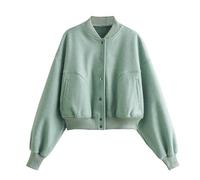 CuLtP Kurz Geschnittene Bomberjacke Für Damen, Damen Unijacke, Button Down Bombermantel Mit Taschen, Lässiger Windjacke Mit Stehkragen, Klassische Oberbekleidung, Y2K Streetwear, Grün, S