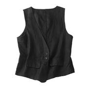 CuLtP Leichte Damen-Leinenweste, V-Ausschnitt, Knopfleiste, Blazer, Weste, Lässige, Lockere Passform, Leichte, Ärmellose Basic-Anzugjacke, Strickjacke Mit Offener Vorderseite, Schwarz, L