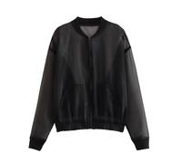 CuLtP Leichte Fliegerjacken Für Damen, Schwarze Transparente Organza Sommer Festival Party Bomberjacke, Jacke Mit Offener Vorderseite, Cardigan Vertuschungen, Klassische Oberbekleidung Mit Taschen,