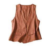 CuLtP Leichte Weste Aus Leinen Für Damen, Blazer Mit V-Ausschnitt Und Knöpfen, Lässige, Lockere Passform, Leichte, Ärmellose Anzugjacke, Strickjacke Mit Offener Vorderseite,Orange,M