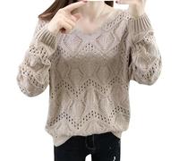 CuLtP Offener Strickpullover Für Damen, V-Ausschnitt, Lange Ärmel, Leichte Pullover, Gehäkelter Strandpullover, Lockere, Übergroße Pullover-Strickpullover-Oberteile Für Damen, Khaki, M