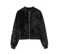 CuLtP Schwarze Damen Bomberjacke Mit Pailletten, Damen Glitzerjacke, Leichte Festival Jacke, Langärmelige Glitzernde Jacke Für Shinny Club, Tanz, Party, Kostüm, Biker, Xs