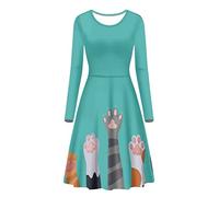 Cumagical Hohe Taille Rock Kleid A Linie Cocktailkleid Frühling Winter Langarm Kleid, Cat Paw, Medium