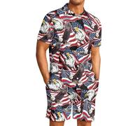 Cumagical Kurzes Herren-Set, 2-teilig, lässig, kurzärmelig, passendes Set, Sommer, Strand, Party, zweiteiliges Outfit mit Knopfleiste, USA-Flagge mit Adler, M