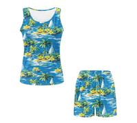 Cumagical Pyjama-Sets für Damen, bedruckt, modisch, ärmellos, kurz, 2-teilig, Sommer-Nachtwäsche, Rundhalsausschnitt, Komfort-Pyjama-Set, Palmen-Segelboot-Druck, S