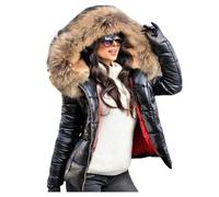 CUOREZ Herbst Winter Damen Jacke Daunenjacke Kurz Kapuzen Damenbekleidung Oversized Jacke, Grasfarbener Pelzkragen, Medium