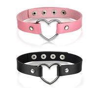 Cupimatch 2PCS Damen Choker Kette Halskette Set Herz Leder Halsband einstellbar Kragen pink schwarz