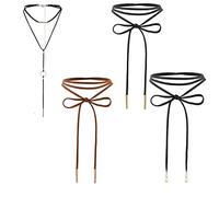Cupimatch 4pcs Damen Choker Halskette, Boho Stretch Leder Y Kette Schmuckset mit Schleife schwarz einstellbar Lange Ketten Kragen Halsband, Gotik Punk Rock Lederband, Modeschmuck für Frauen Mädchen