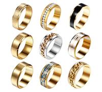 Cupimatch 9 Stück Herren Ringe: Goldene Edelstahl Poliert Fingerringe Set Modische Bandringe mit Zirkonia/Kette Vintage Gothic Männerringe Verlobungsringe Breite 0,6/0,8cm Geschenk für Männer Größe 65