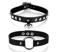 Cupimatch Choker Kette Set Gotik Punk Rock Lederhalsband Halskette Set, Leder schwarz einstellbar Kragen Halsband mit Spike Nieten Kreis, Lederband