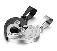 Cupimatch Freundschaftsketten Herz-Anhänger mit Strass Laser-Gravur und 2 Halsketten 55 cm / 50 cm, schwarz silber…