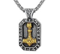 Cupimatch Halskette Herren Wikinger Thorshammer: Viking Rune Anhänger Erkennungsmarke Amulett Kette aus Edelstahl Norwegischer Vintage Herrenschmuck für Männer