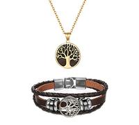 Cupimatch Herren Armband Halskette Schmuck Set Lebensbaum Baum des Lebens Leder Kordelarmband Armreif und Edelstahl Anhänger mit 55cm Kette für Männer Junge, Gold Braun