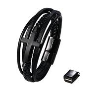 Cupimatch Herren Armband Kreuz Lederarmbänder Schwarz Mehrschichtiges Geflochtenes Leder Edelstahl Armband Gotik Punk Rock Manschette Armreif mit Karte Geschenke für Sohn